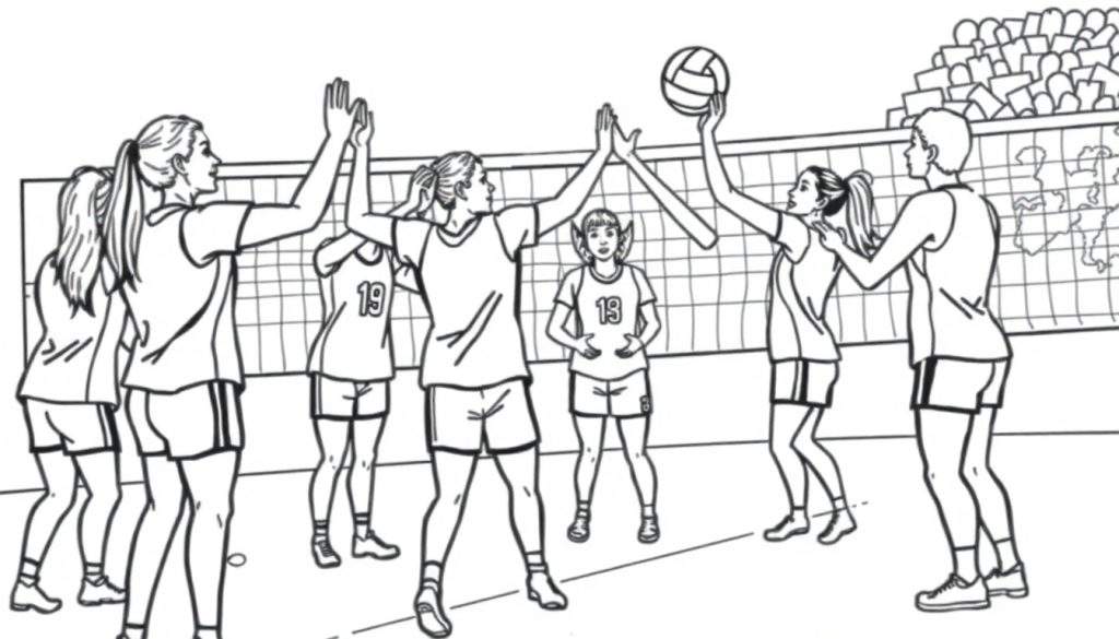 Kleurplaat van een volleybalwedstrijd met spelers in actie en publiek.