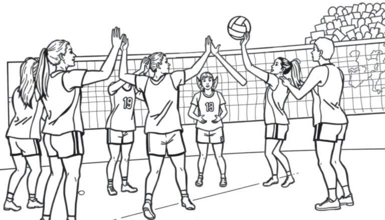 Kleurplaat van een volleybalwedstrijd met spelers in actie en publiek.