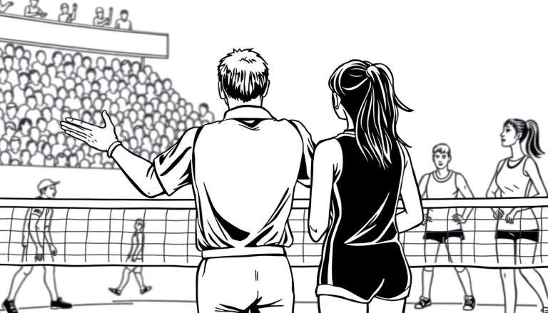 Een zwart-wit kleurplaat van een volleybalwedstrijd, met spelers op het veld en publiek op de tribune.