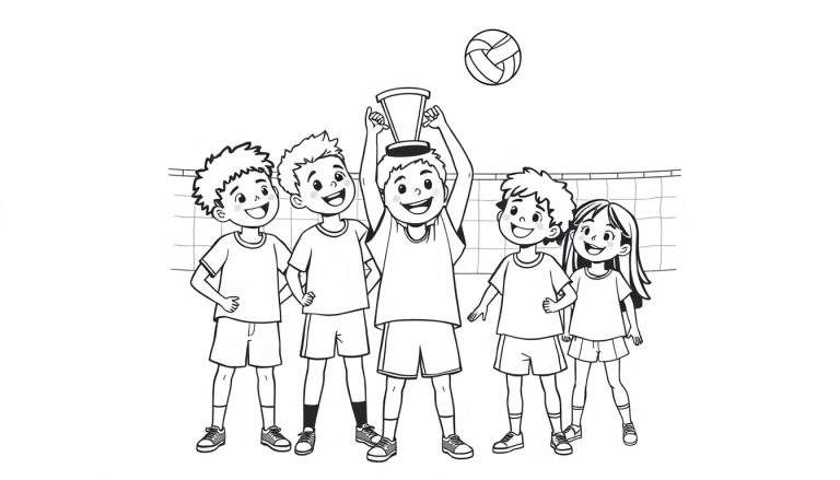 Een zwart-wit kleurplaat van blije kinderen die een volleybaltrofee vieren.