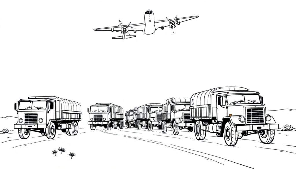 Een kleurplaat van vrachtwagens op een weg met een vliegtuig erboven, in een dor landschap.