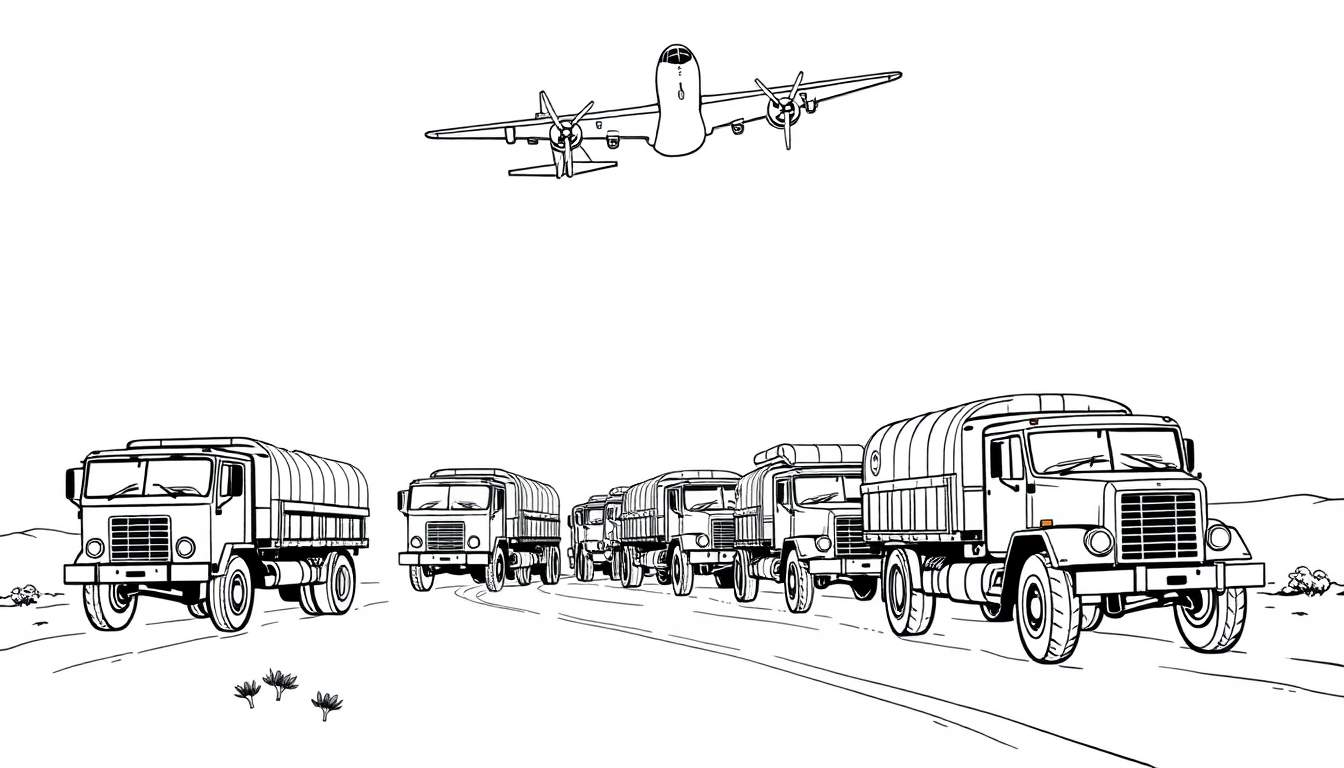 Een kleurplaat van vrachtwagens op een weg met een vliegtuig erboven, in een dor landschap.