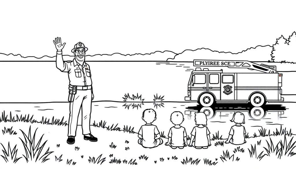 Kleurplaat: Brandweerman zwaait naar kinderen bij een meertje met brandweerauto.