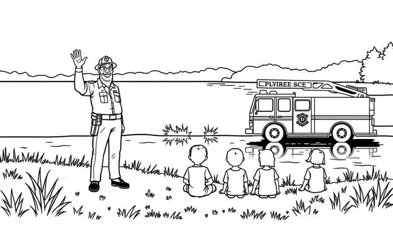 Kleurplaat: Brandweerman zwaait naar kinderen bij een meertje met brandweerauto.