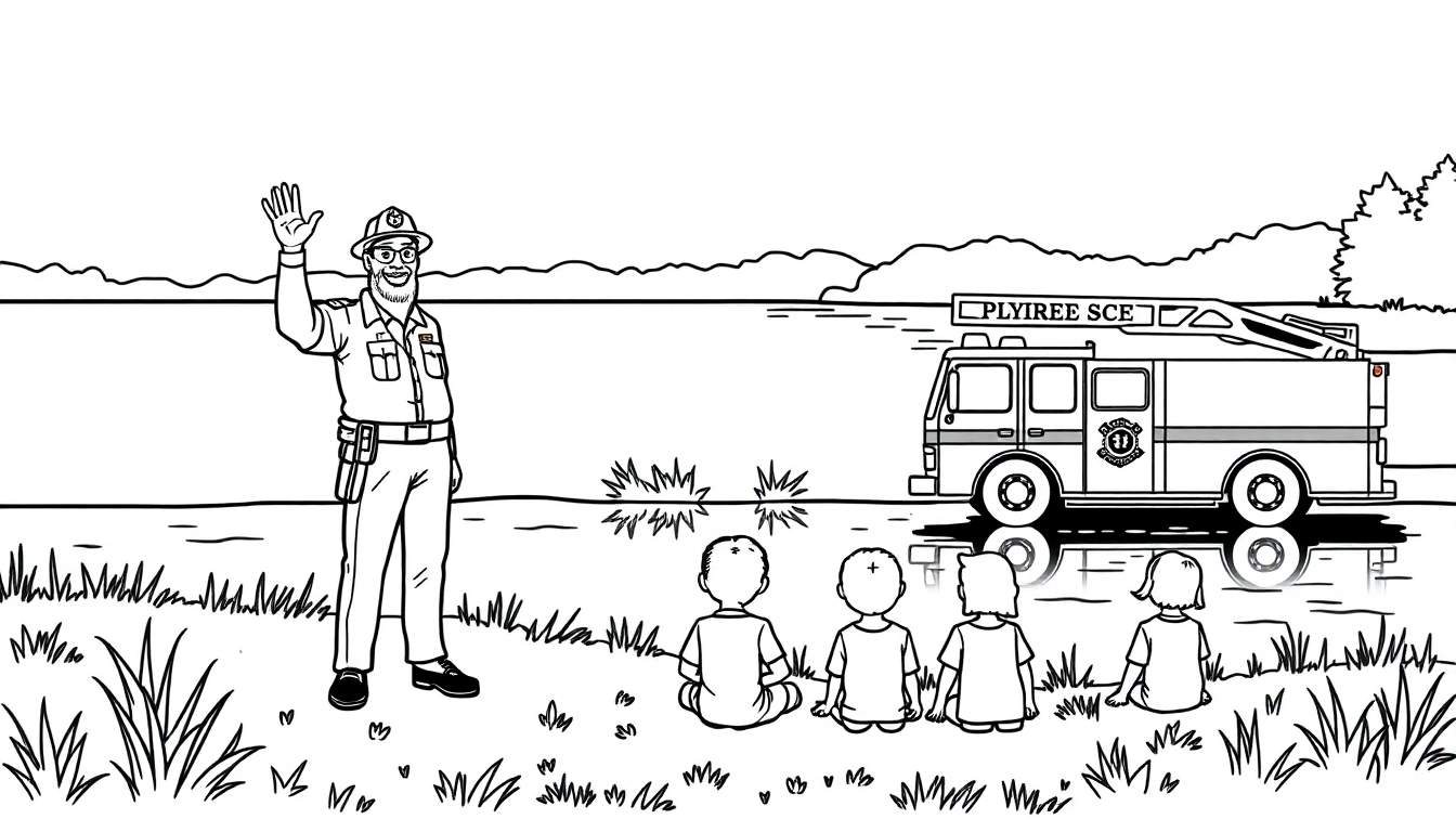 Kleurplaat: Brandweerman zwaait naar kinderen bij een meertje met brandweerauto.