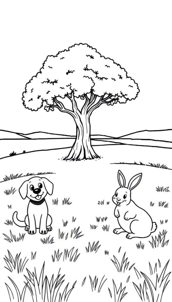 Kleurplaat van een zwart-wit landschap met een grote boom, een hond en een konijn op de voorgrond, en heuvels op de achtergrond.