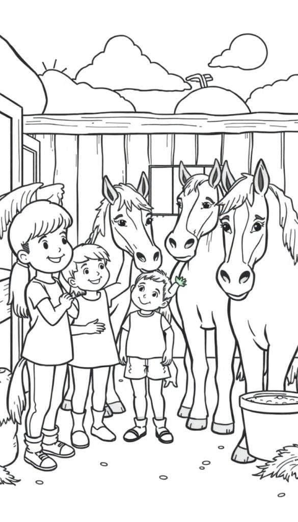 Kleurplaat van kinderen bij paarden in een stal.
