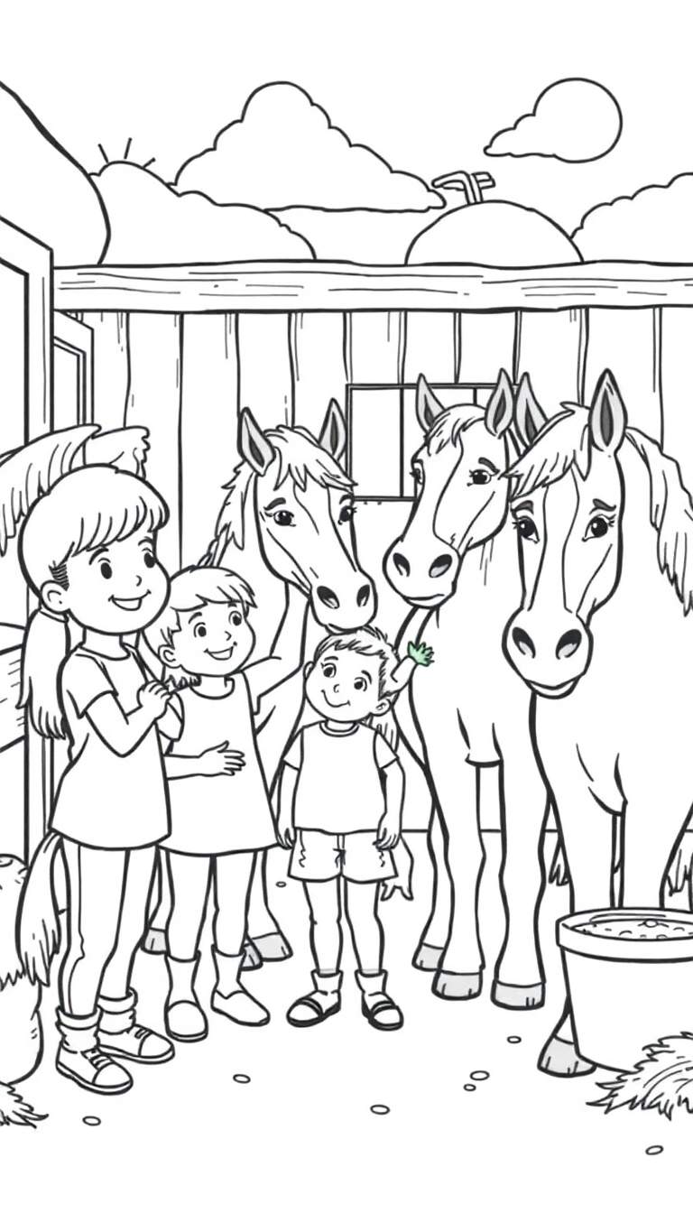 Kleurplaat van kinderen bij paarden in een stal.
