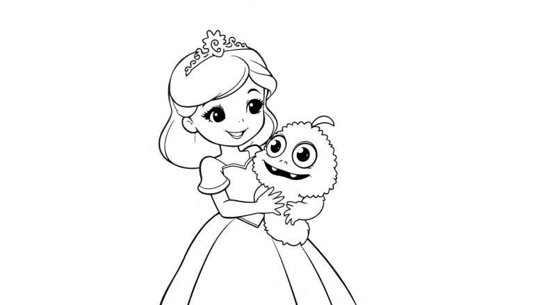Kleurplaat: Prinses knuffelt klein harig monster met grote ogen.