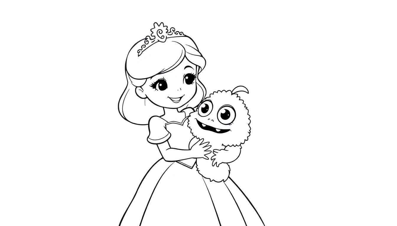Kleurplaat: Prinses knuffelt klein harig monster met grote ogen.