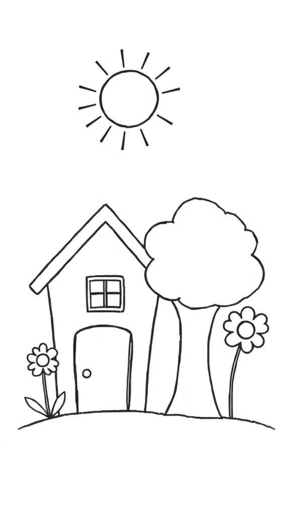 Kleurplaat van een huis, boom, bloemen en de zon.