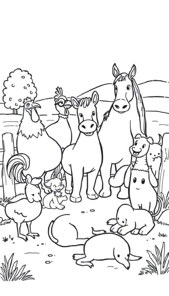 Kleurplaat van een boerderij met een paard, pony, kippen, hond en konijn.