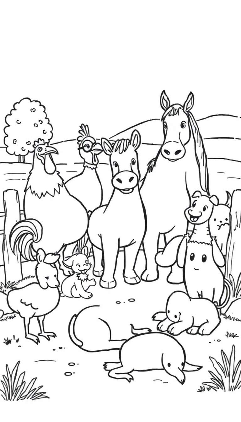 Kleurplaat van een boerderij met een paard, pony, kippen, hond en konijn.