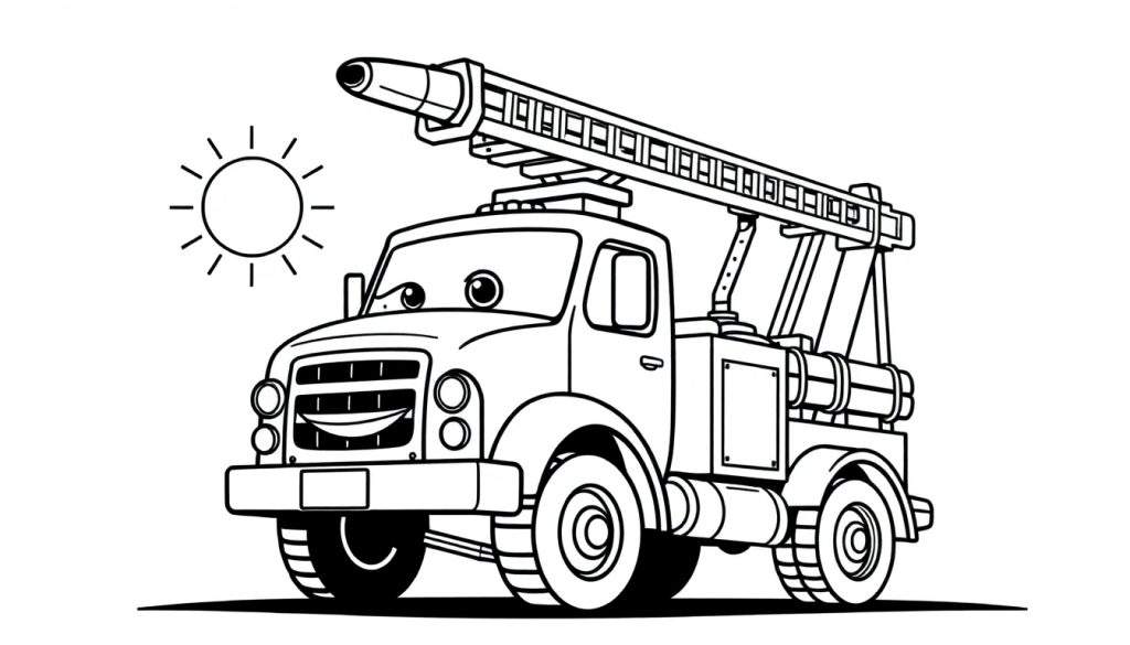 Zwart-wit kleurplaat van een vriendelijke cartoon brandweerwagen met een ladder.