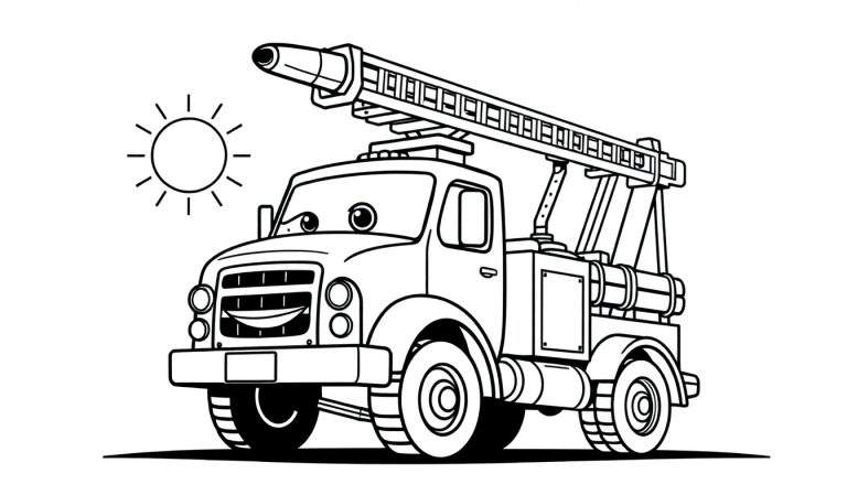 Zwart-wit kleurplaat van een vriendelijke cartoon brandweerwagen met een ladder.