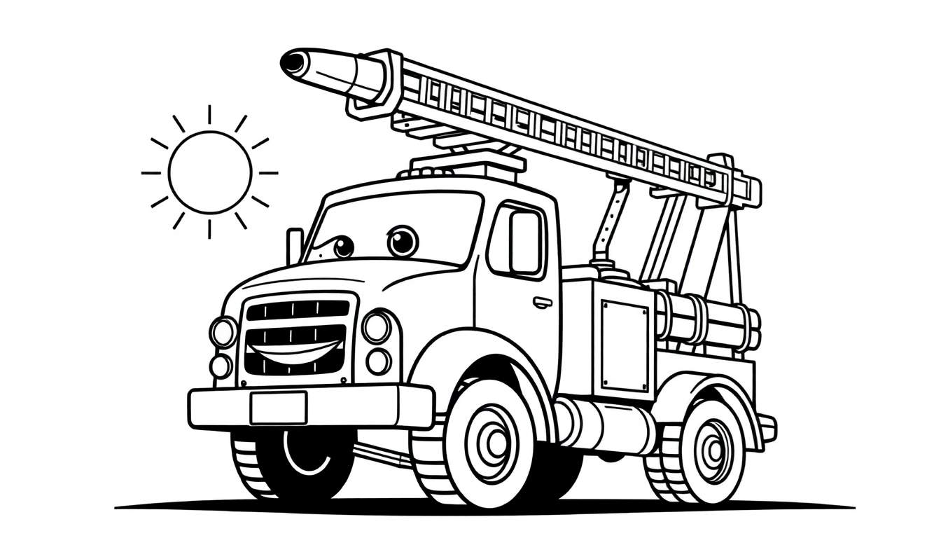 Zwart-wit kleurplaat van een vriendelijke cartoon brandweerwagen met een ladder.