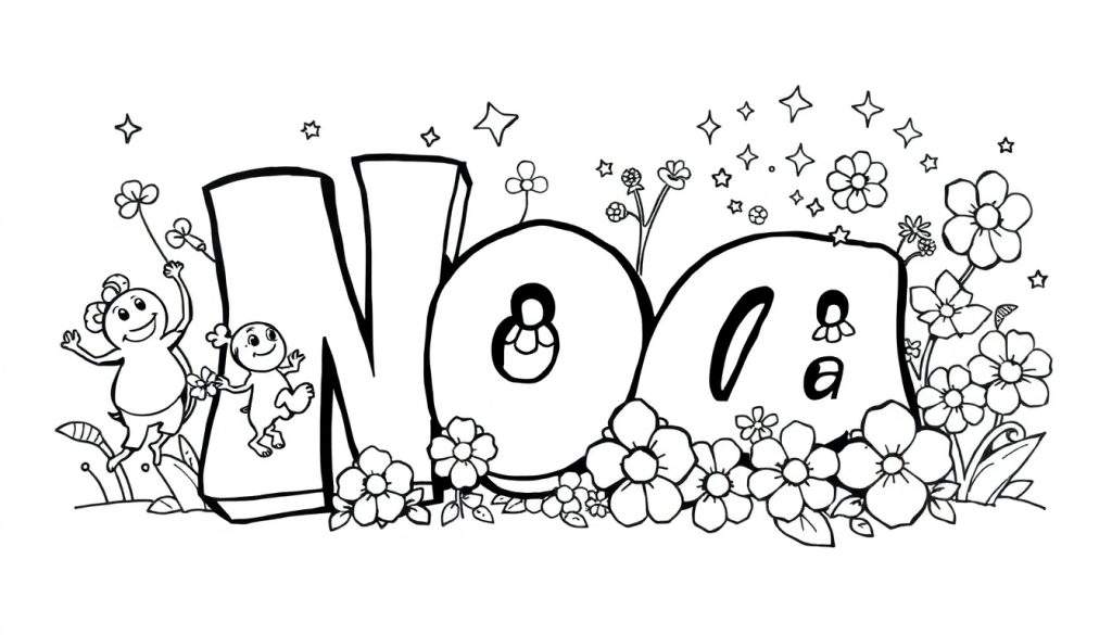 Kleurplaat met de naam Noa in grote letters, versierd met bloemen en sterren.