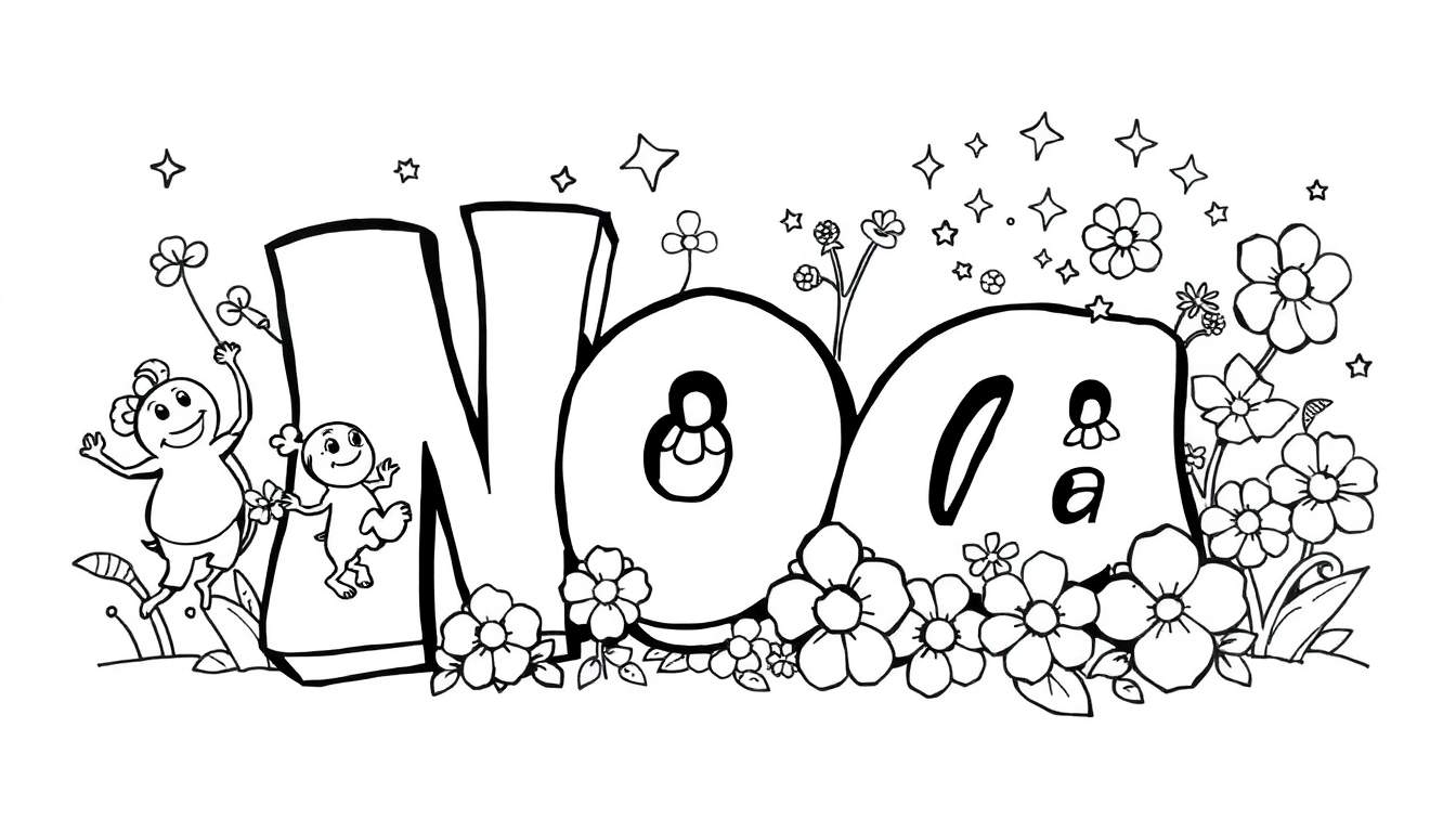 Kleurplaat met de naam Noa in grote letters, versierd met bloemen en sterren.