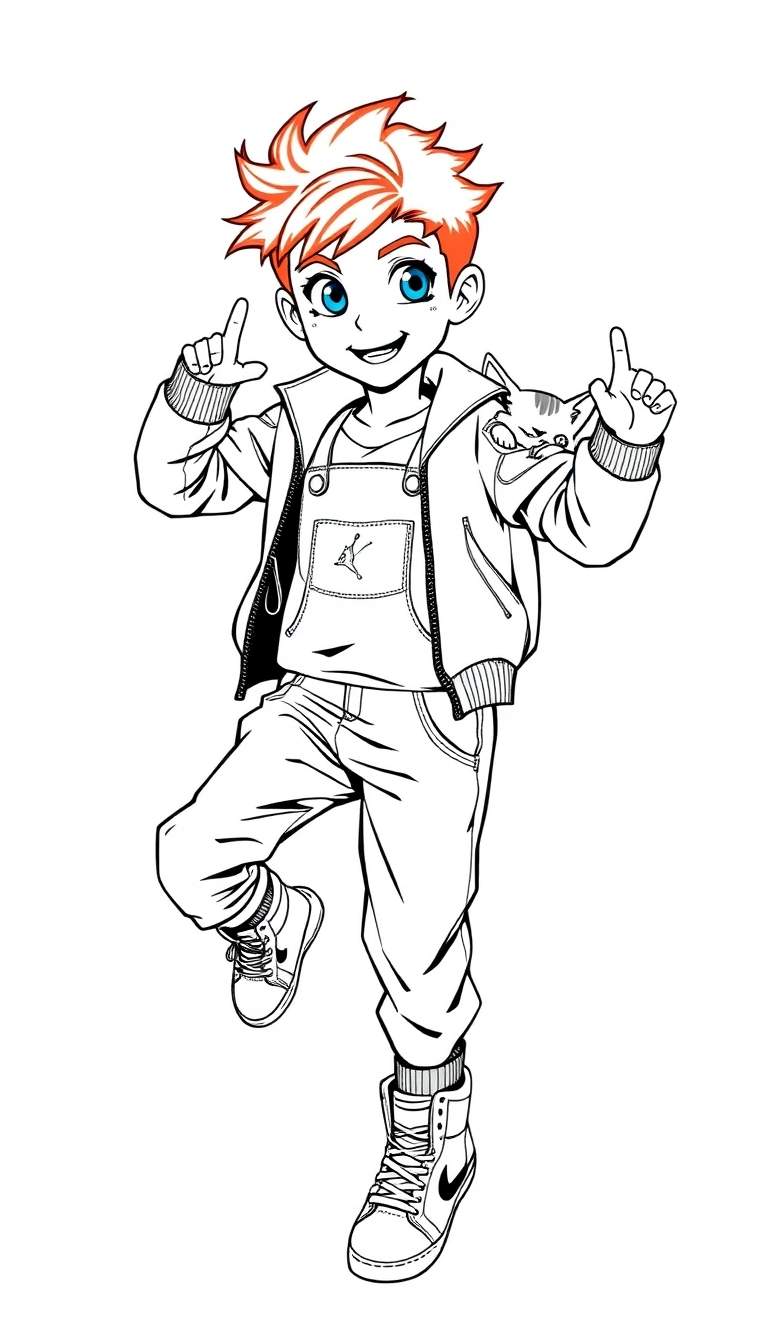 Kleurplaat van een jongen met oranje haar en blauwe ogen, gekleed in een overall, T-shirt en jas, met Nike sneakers en een katje op zijn schouder.