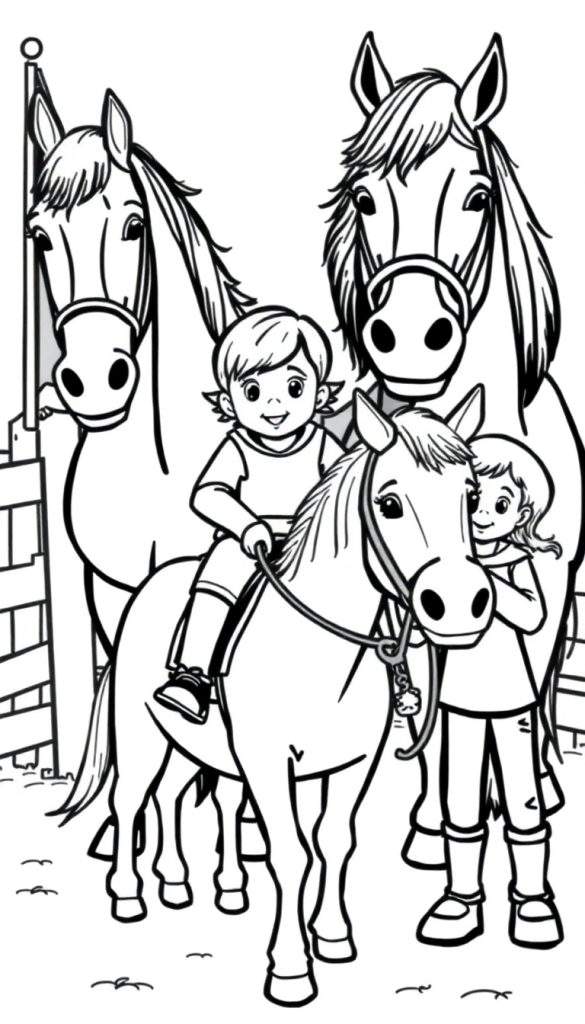 Kleurplaat van een jongen op een pony in een stal met een meisje en twee grote paarden.