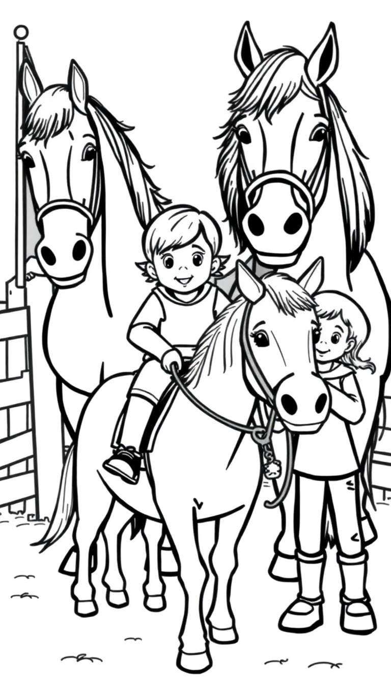 Kleurplaat van een jongen op een pony in een stal met een meisje en twee grote paarden.