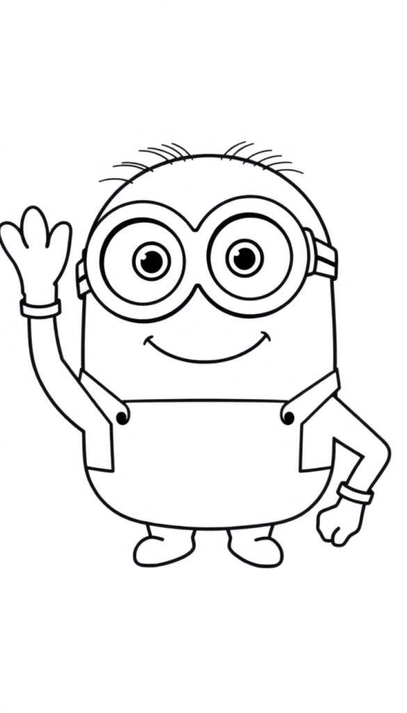 Zwart-wit kleurplaat van een lachende Minion die zwaait.
