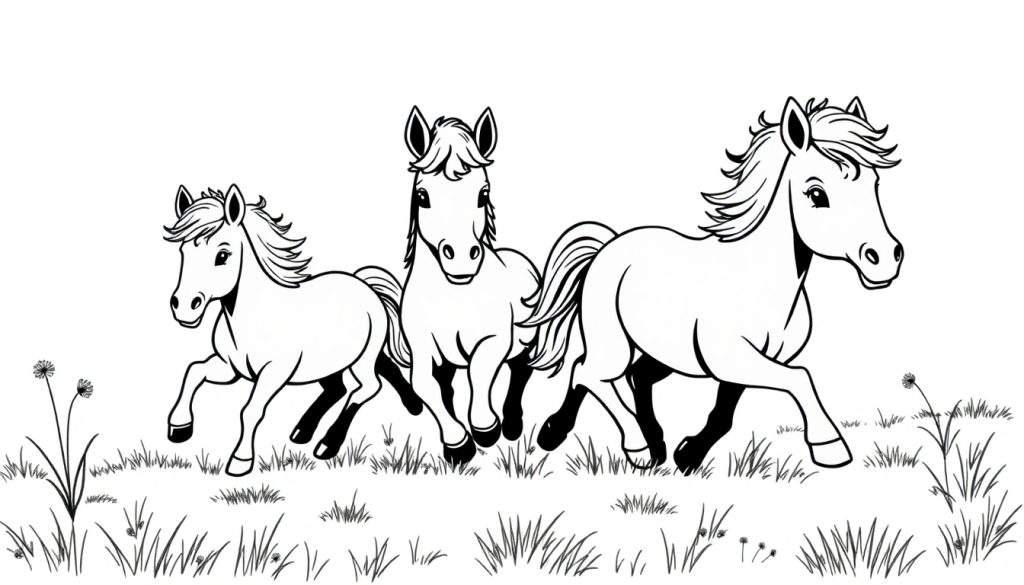 Een kleurplaat van drie rennende pony's in een veld.