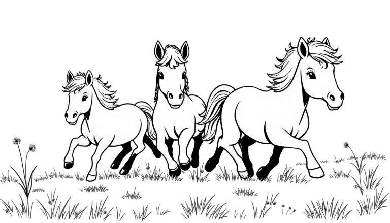 Een kleurplaat van drie rennende pony's in een veld.