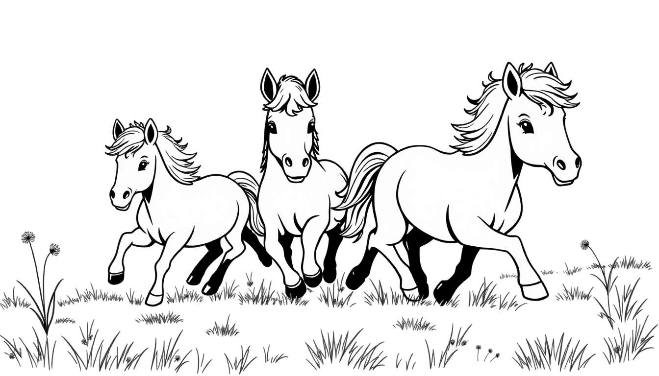 Een kleurplaat van drie rennende pony's in een veld.
