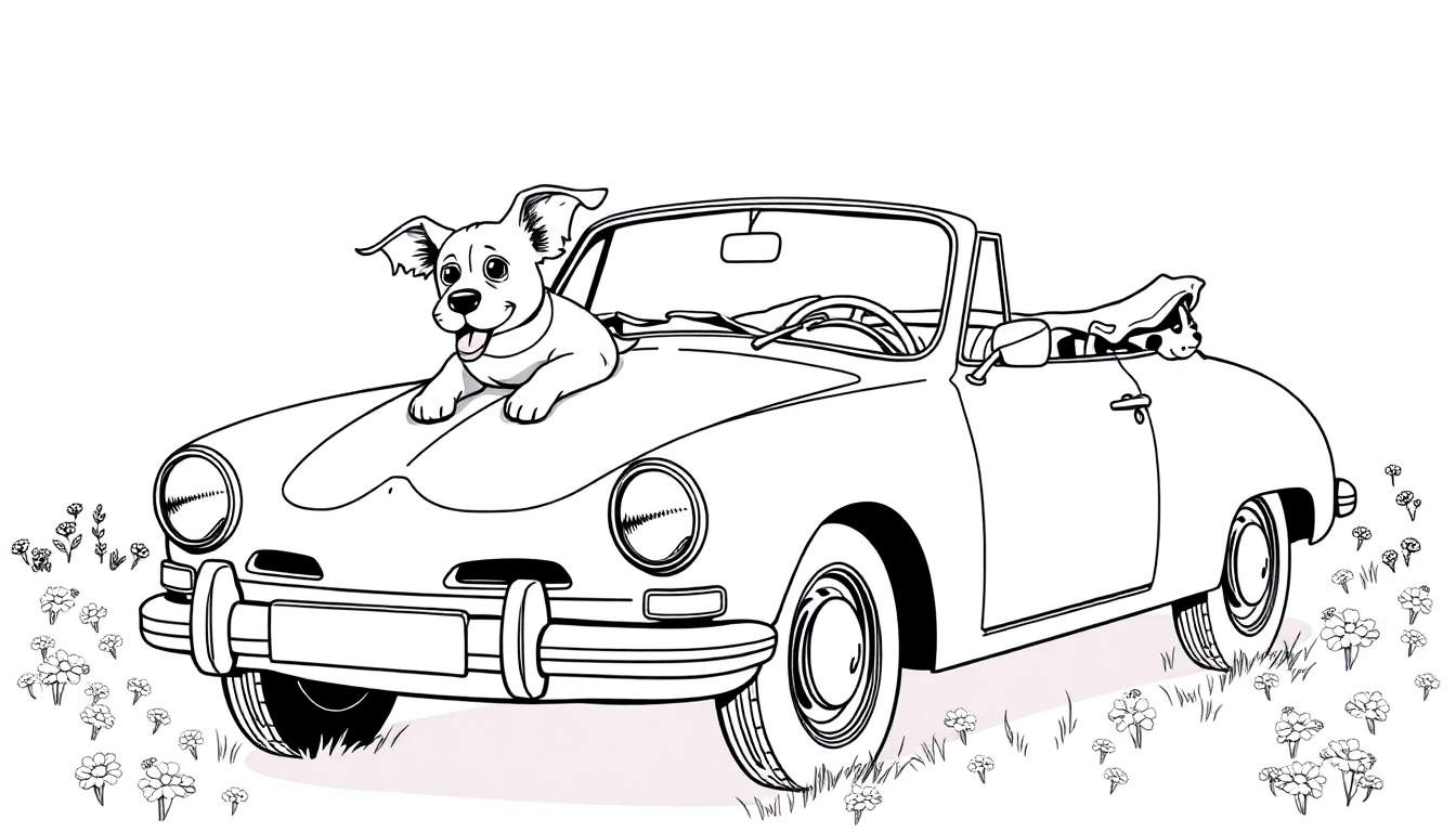 Een zwart-wit kleurplaat van een oldtimer cabriolet met twee honden, geparkeerd in een weide vol madeliefjes.