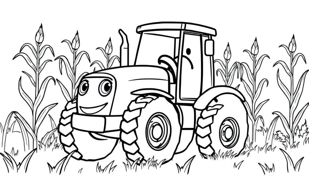 Kleurplaat van een lachende cartoon tractor in een maisveld.