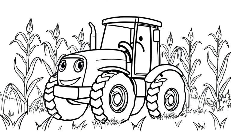 Kleurplaat van een lachende cartoon tractor in een maisveld.