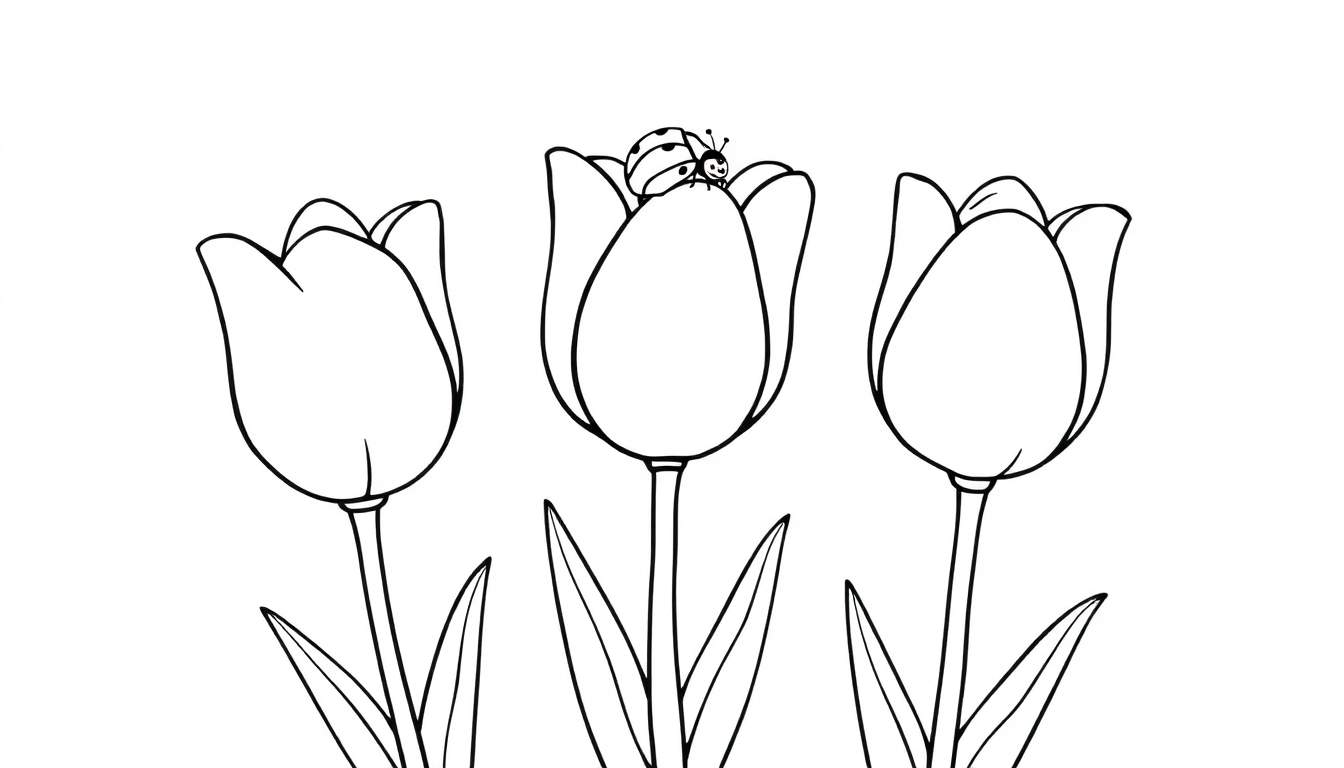 Een zwart-witte kleurplaat van drie tulpen met een lieveheersbeestje.