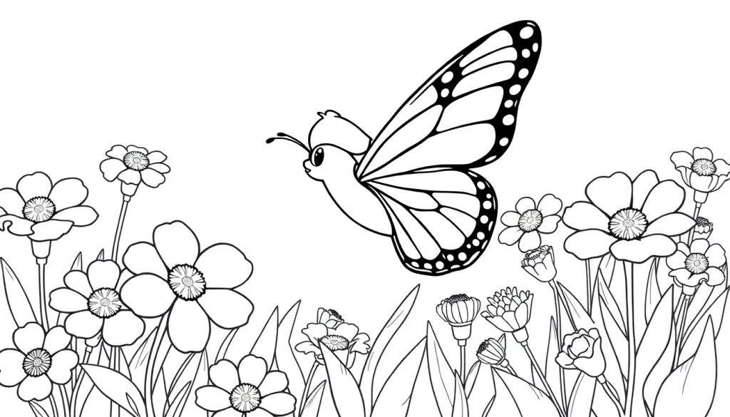 Zwart-wit kleurplaat van een vlinder in een bloemenveld.