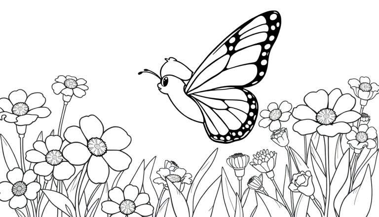 Zwart-wit kleurplaat van een vlinder in een bloemenveld.