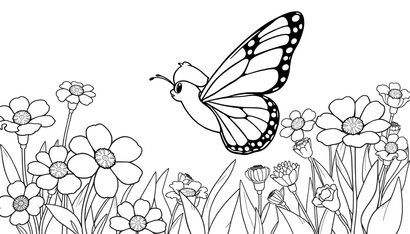 Zwart-wit kleurplaat van een vlinder in een bloemenveld.