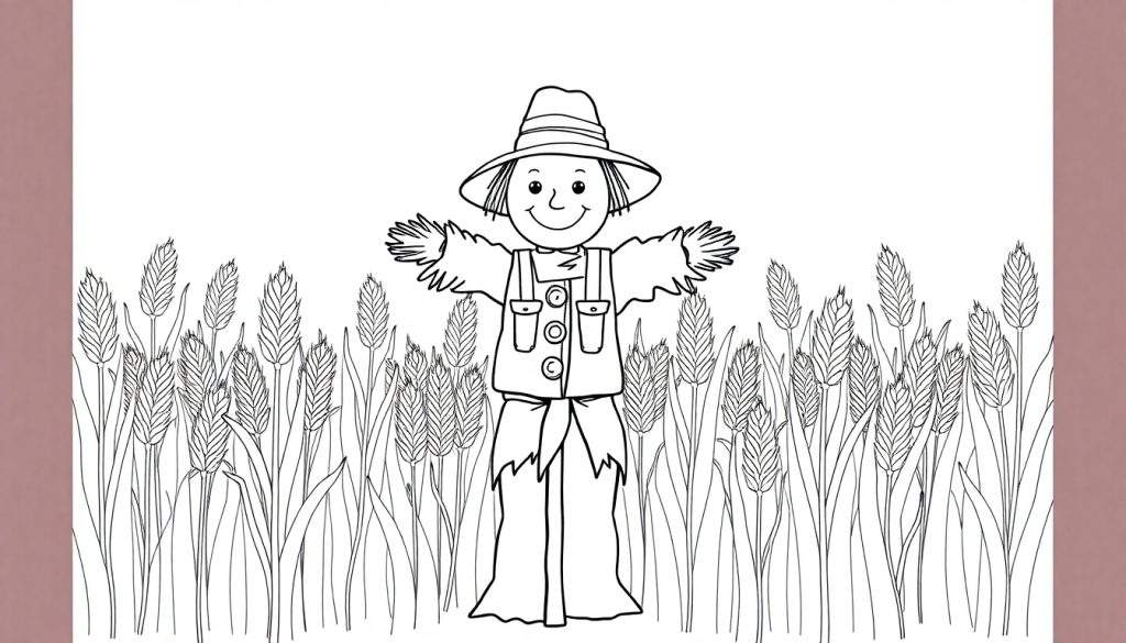 Een vrolijke vogelverschrikker in een kleurplaat-stijl in een graanveld.