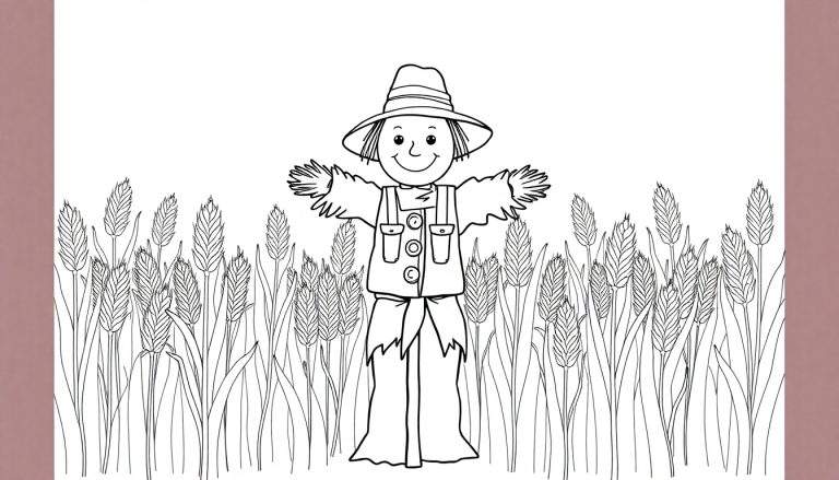 Een vrolijke vogelverschrikker in een kleurplaat-stijl in een graanveld.