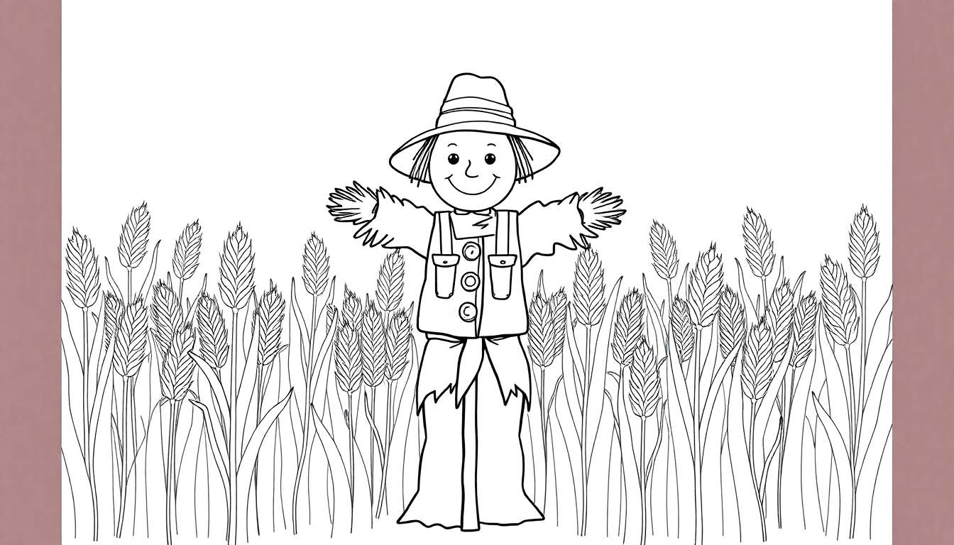 Een vrolijke vogelverschrikker in een kleurplaat-stijl in een graanveld.