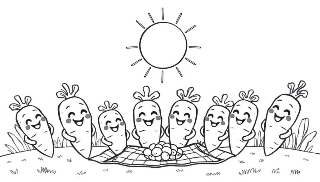 Zwart-witte kleurplaat van vrolijke wortels die picknicken in de zon.