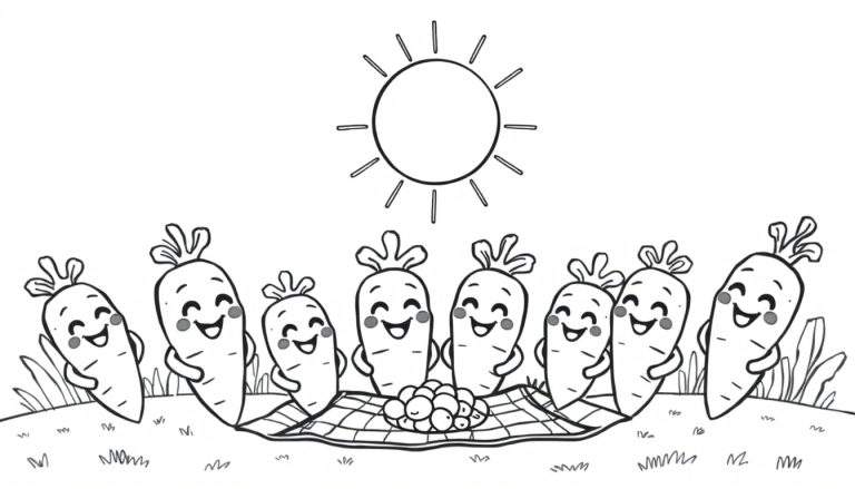 Zwart-witte kleurplaat van vrolijke wortels die picknicken in de zon.