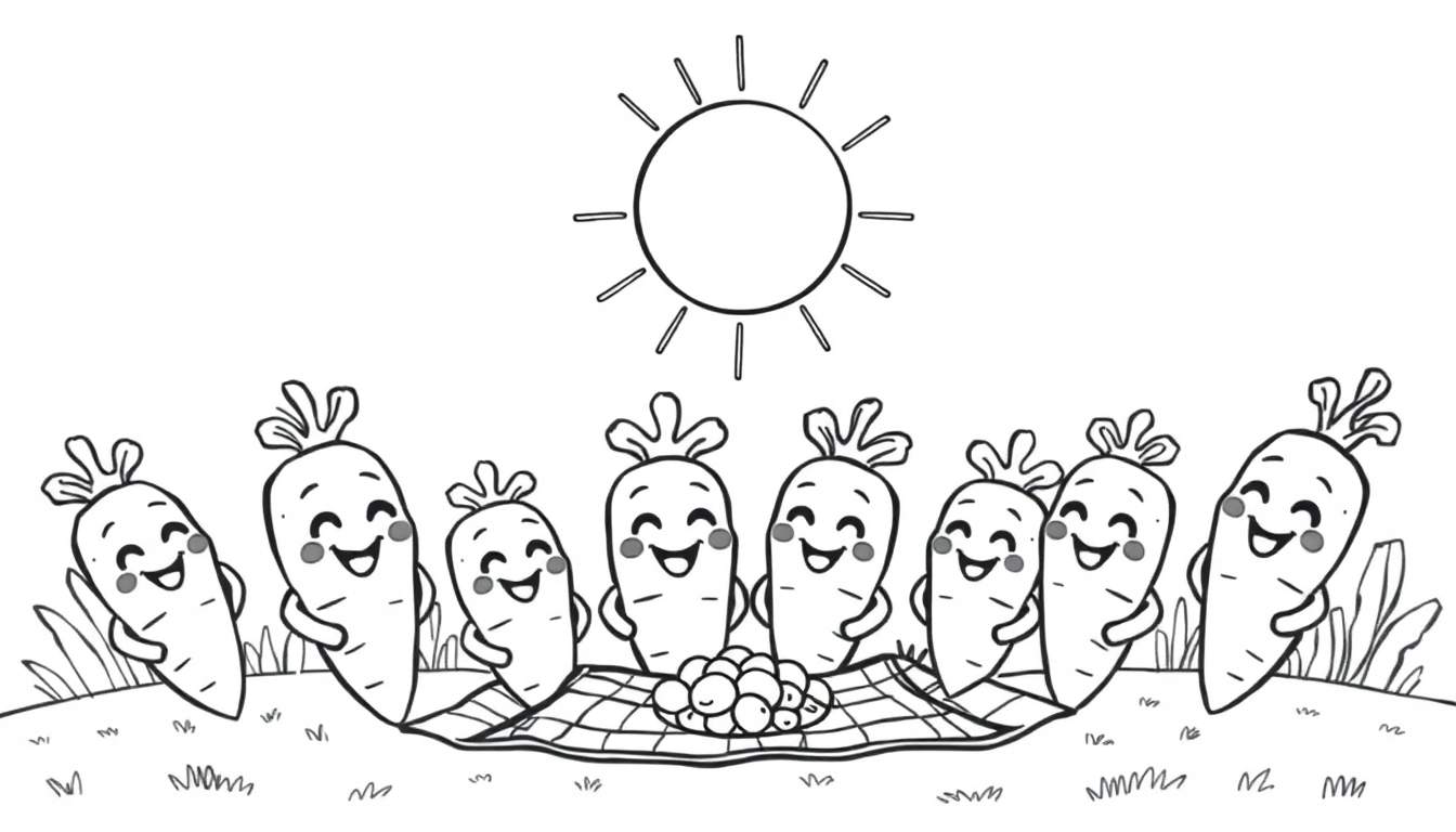 Zwart-witte kleurplaat van vrolijke wortels die picknicken in de zon.