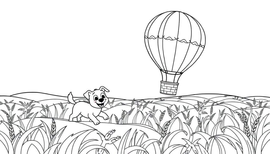 Kleurplaat van een hond in graanvelden met een heteluchtballon