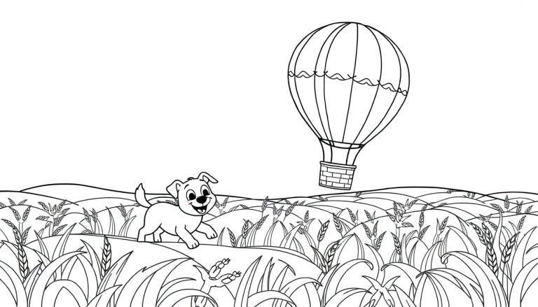 Kleurplaat van een hond in graanvelden met een heteluchtballon