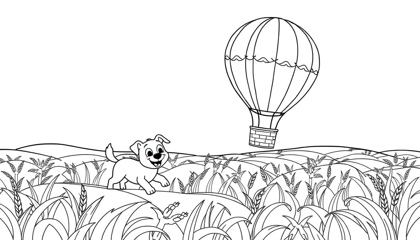 Kleurplaat van een hond in graanvelden met een heteluchtballon