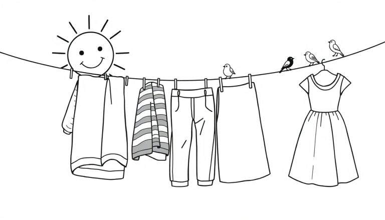 Kleurplaat van een waslijn met vrolijke kleding, zon en vogels.