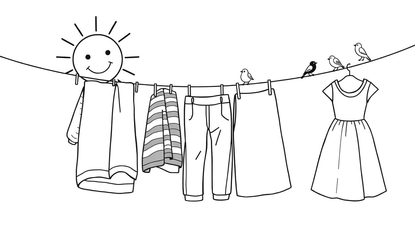 Kleurplaat van een waslijn met vrolijke kleding, zon en vogels.