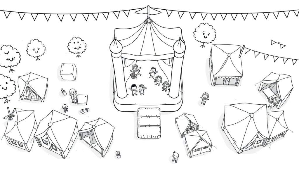 Kleurplaat: Wijkfeest in het park met springkussen, tenten en vlaggetjes.