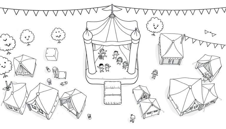 Kleurplaat: Wijkfeest in het park met springkussen, tenten en vlaggetjes.