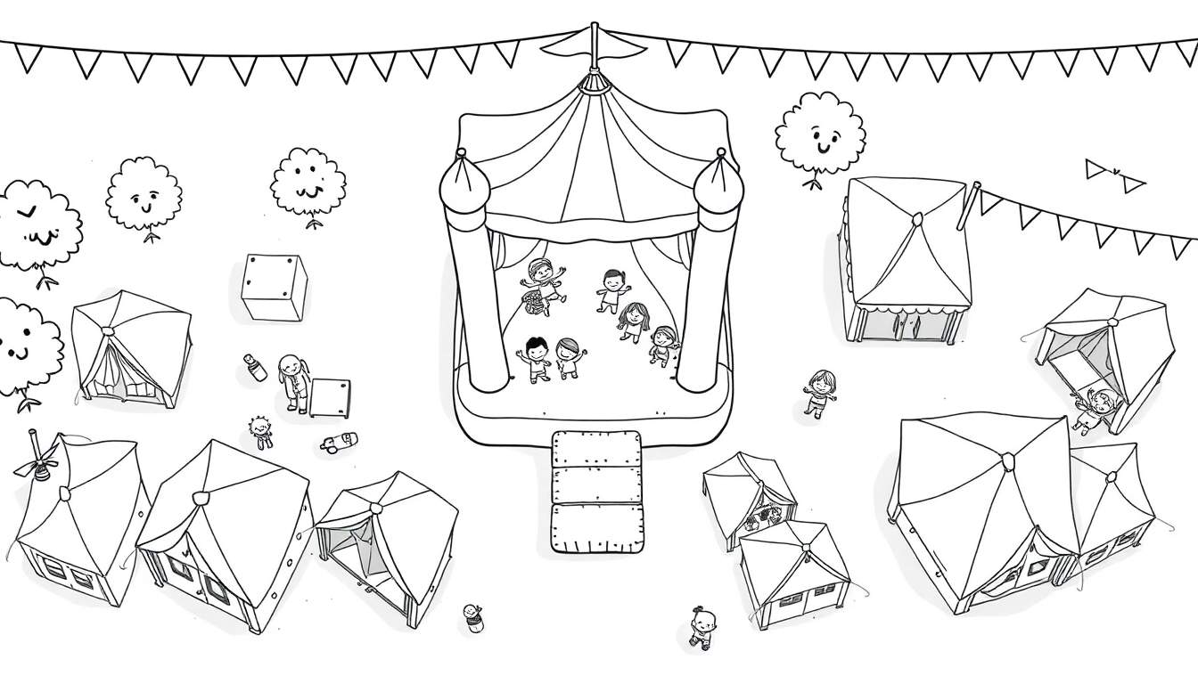 Kleurplaat: Wijkfeest in het park met springkussen, tenten en vlaggetjes.